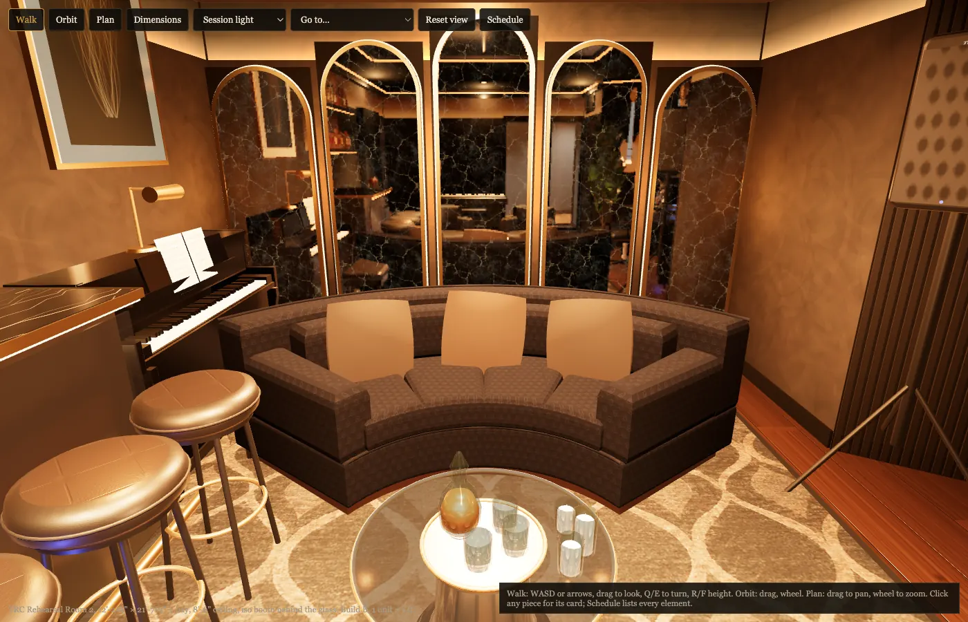 Build B: Charcoal sectional facing the arches