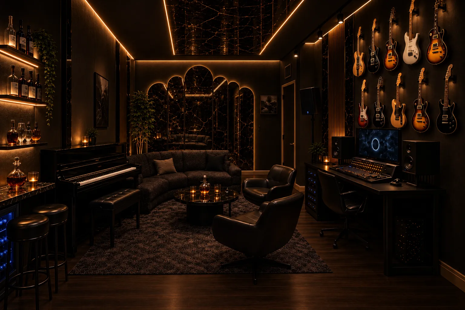 Approved concept render: arched cracked-mirror wall, curved sectional, bar and guitar wall in warm low light
