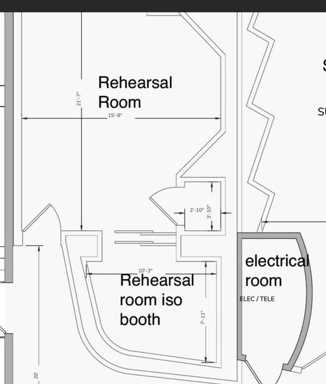 2024 labeled floor plan cropped to Rehearsal Room 2, with the iso booth to the south