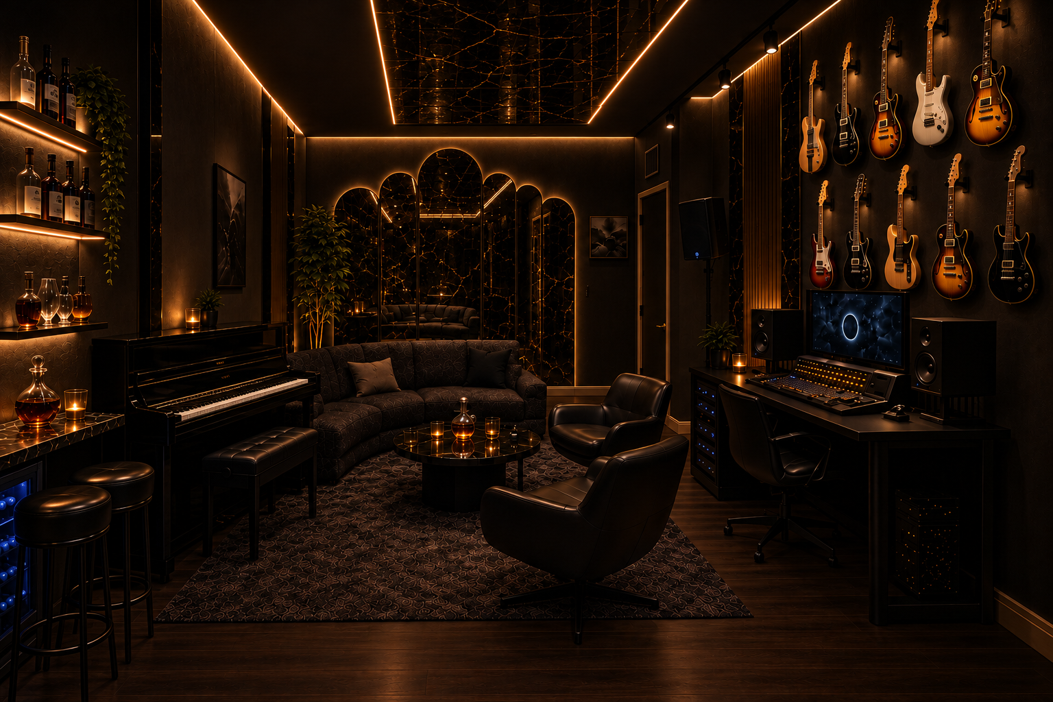 Rehearsal room concept: dark leather sofa, cracked-mirror arches, guitars above the production desk, glass bar with a Yamaha NU1X upright to its right